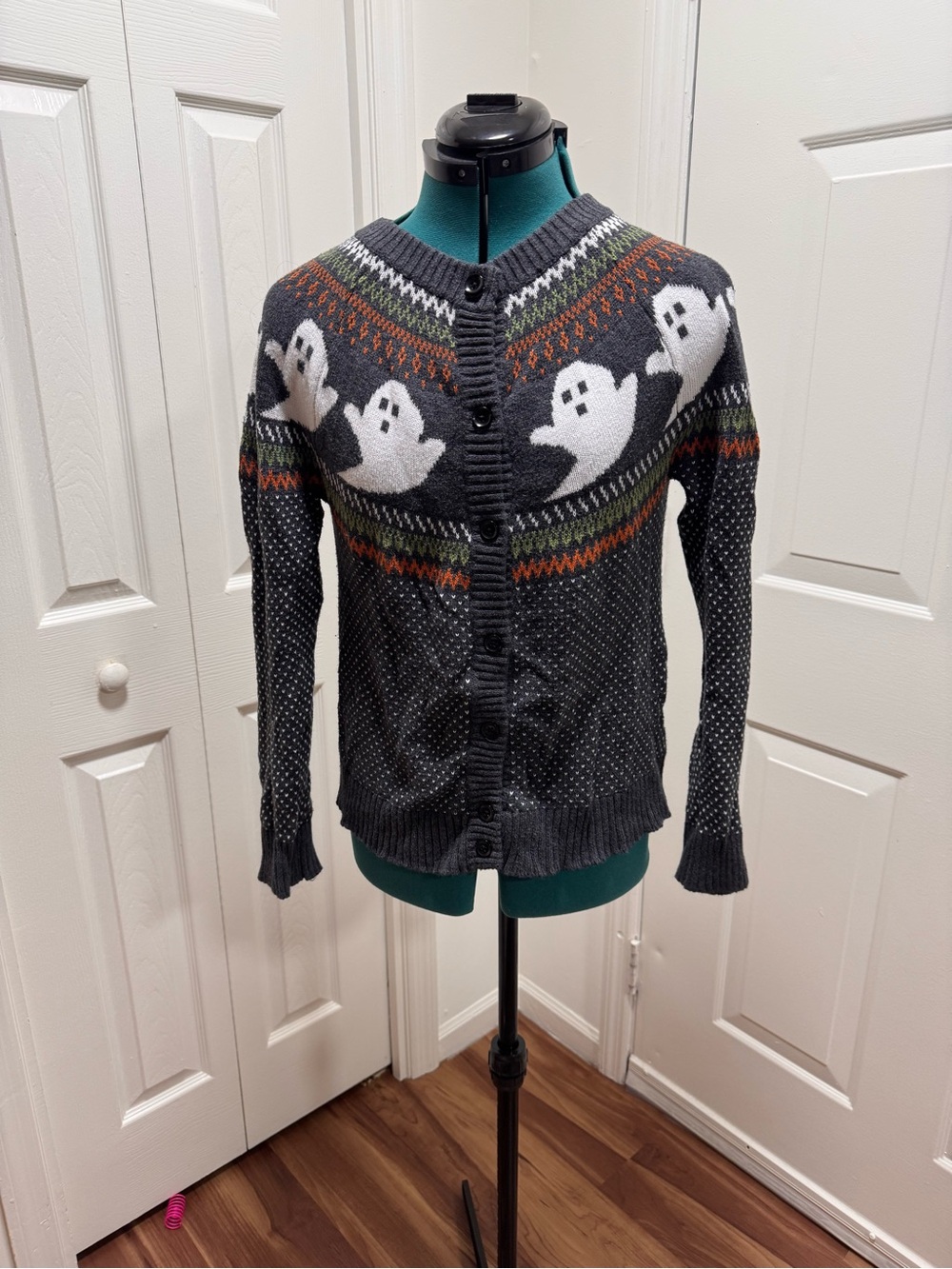Modcloth Charcoal Cardigan with White Ghosts and Orange and Green Accents